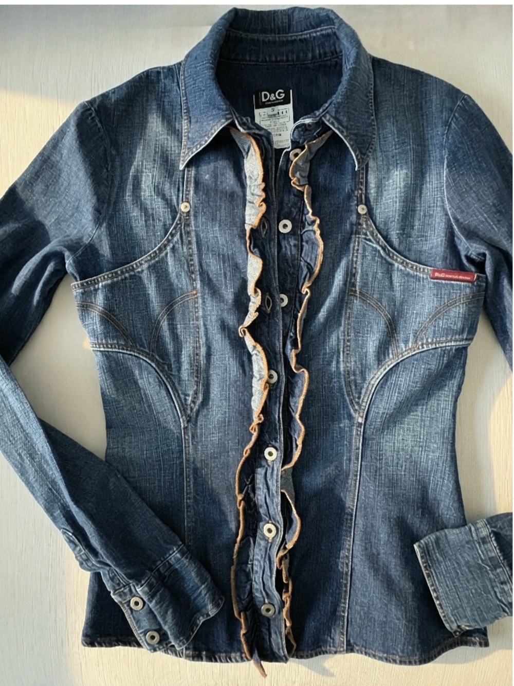 Vintage D&G Y2K Fitted Ruffle Denim Shirt S Italy